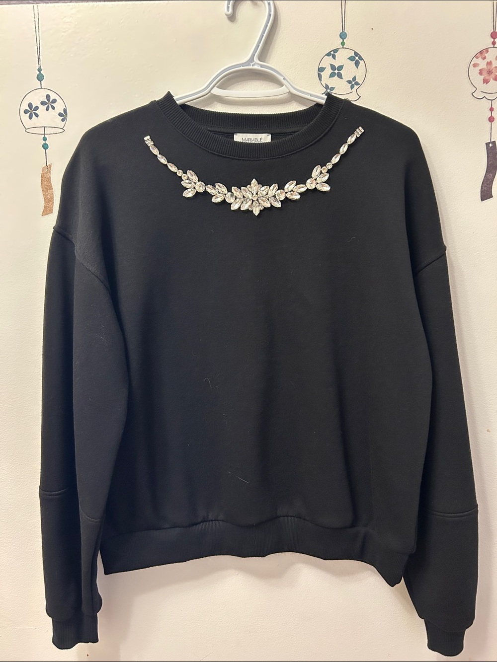 MARBLE Black Sweatshirt with Crystal Necklace Embellishment